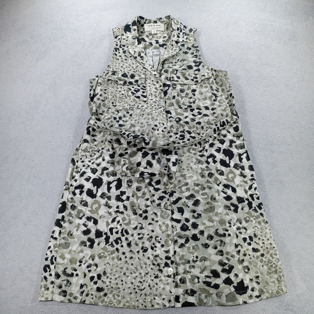 Cloth & Stone Women Shirt Dress Green Animal Print XS Belted Utility